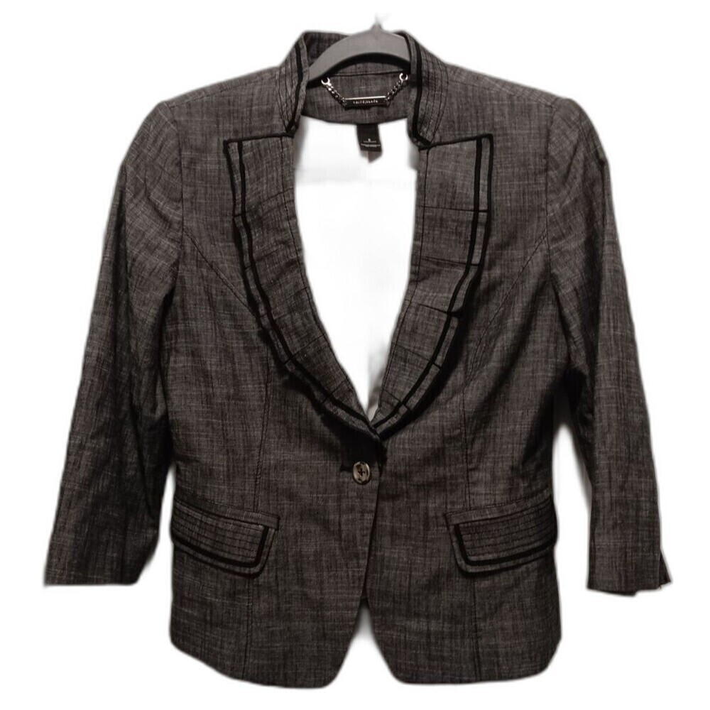 White House Black Market Linen Blend Gray  Blazer Ruffle Sleeve Size 6‎